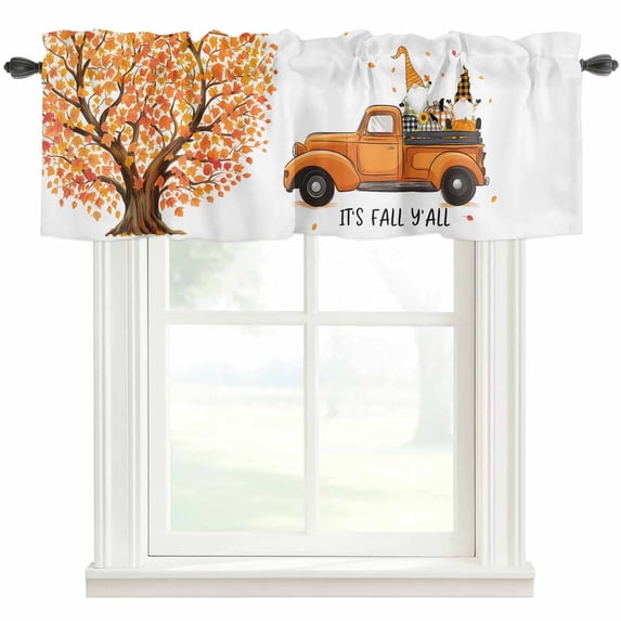Orange Maple Fall Farmhouse Short Window Curtain Valances, Thanksgiving Gnomes Truck Pumpkins Rod Pocket Kitchen Valances for Living Room Bedroom Bathroom Cafe 42" x 18"