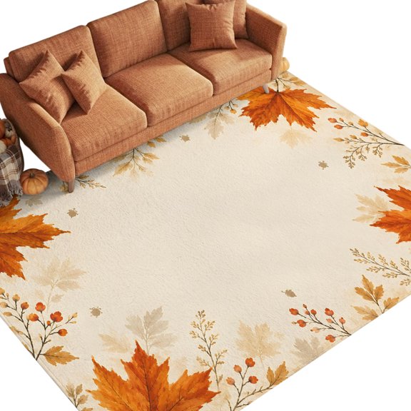 Orange Maple Leaf 8'x10' Washable Area Rugs for Living Room Office, Fall Small Berry Stems Countryside Rustic Stain Proof Sturdy Non Slip Large Rectangle Lounge Area Rug