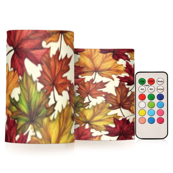 Orange Maple Leaf Flickering Flameless Candles Battery Operated with Remote Timer LED Pillar Candles Set of 2