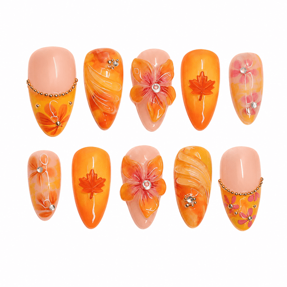 Orange Maple Leaf Press on Nails, Medium Almond Glossy False Nails with Floral Detail, 30 Count