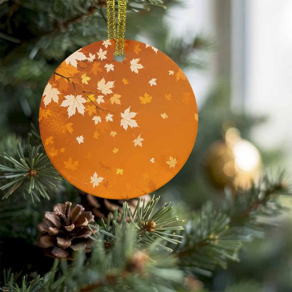 Orange Maple Leaf Thanksgiving Christmas Ceramic Ornament 2026,3" Round Xmas Tree Hanging Accessories with Gold Ribbon,Fall Country Leaves Pendant Ornaments for Holiday Gift Home Party Decor