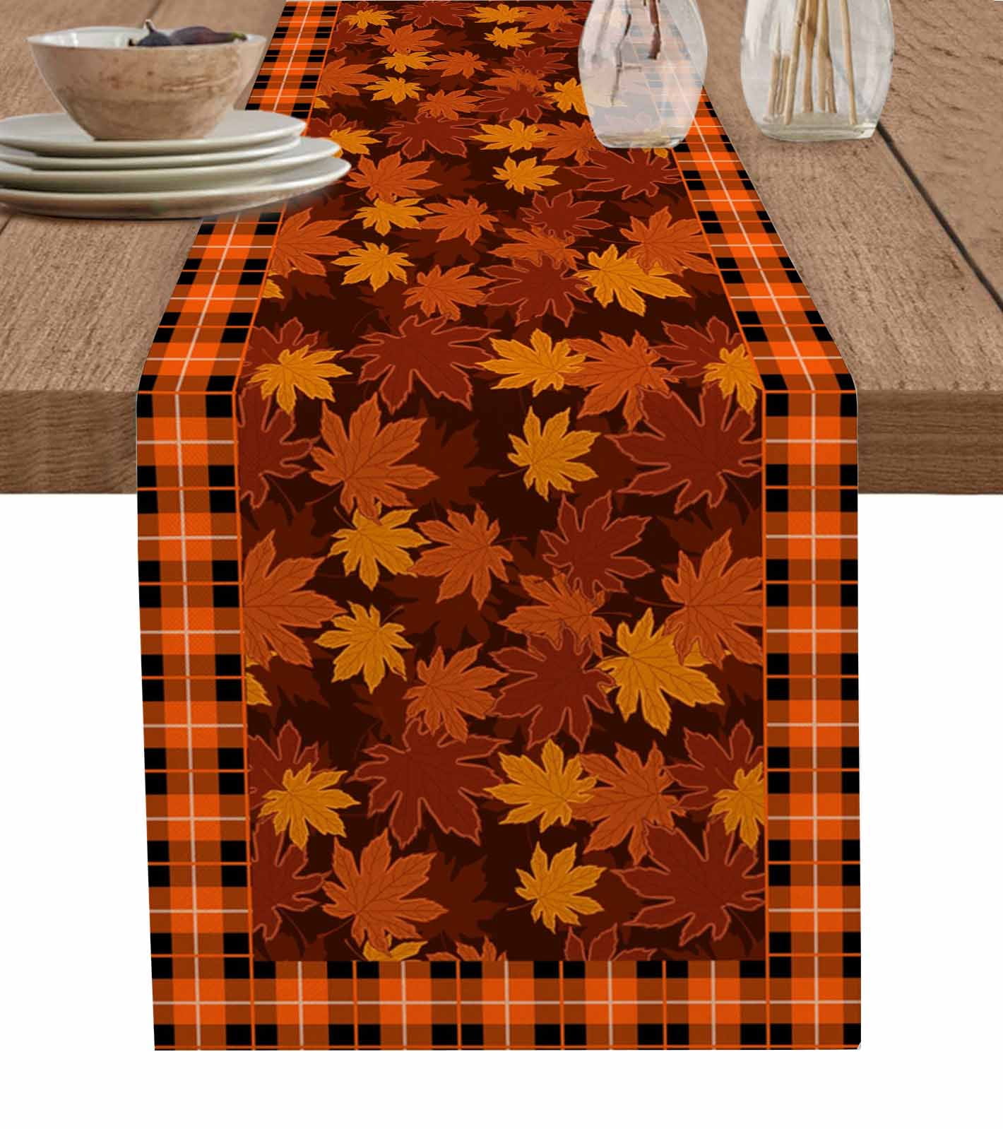 Orange Maple Leaves Fall Burlap Cotton Table Runner 13x60 Inches Long ...