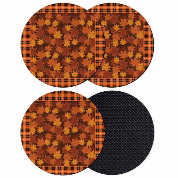 Orange Maple Leaves Fall Coasters Set of 4, Absorbent Coasters for Drinks, Thanksgiving Orange Buffalo Plaid Coaster for Desk Coffee Table Protection, Home Decor House Warming Gifts 4"
