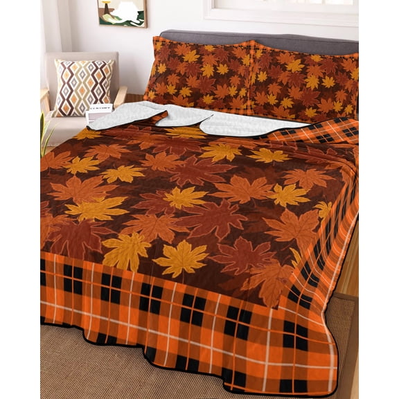 Orange Maple Leaves Fall Full Size Down Alternative Comforter, Lightweight Comforter Quilt Bedding Set with Pillow Shams Thanksgiving Orange Buffalo Plaid Bed Comforter Duvet Insert 78"x90"