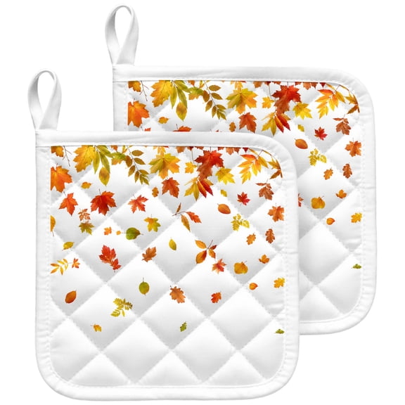 Orange Maple Leaves Fall Pot Holders for Kitchen Heatproof Potholder, 2 Pack Thanksgiving Farmhouse Art Hot Pads Multipurpose Oven Pads Terry Cloth Potholders Trivet for Cooking and Baking