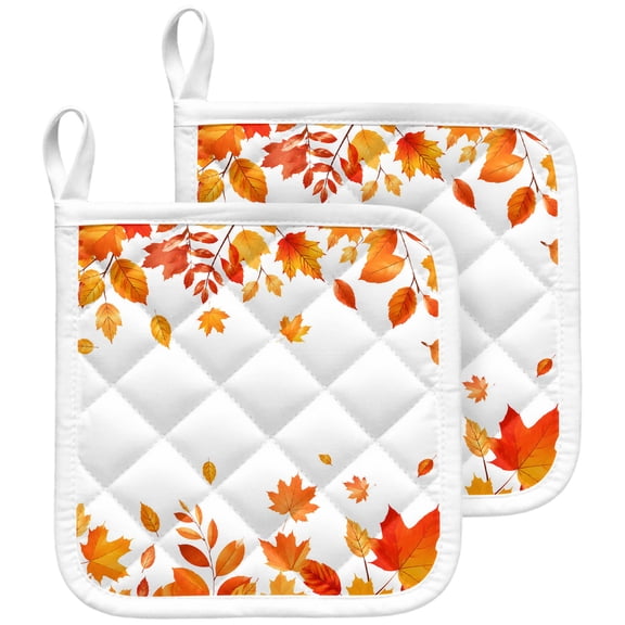Orange Maple Leaves Fall Pot Holders for Kitchen Heatproof Potholder, 2 Pack Thanksgiving Leaf Farmhouse Art Hot Pads Multipurpose Oven Pads Terry Cloth Potholders Trivet for Cooking and Baking