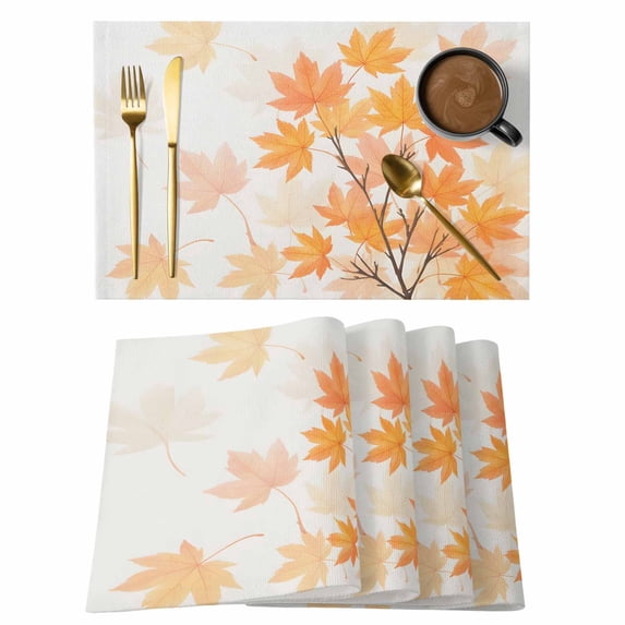 Orange Maple Leaves Placemats Set of 6 Fall Watercolor Plants Branches Place Mats Indoor Wipeable Table Mats Washable Cloth Dining Table Placemats for Kitchen Holiday Party Home Decor 13x19 Inch