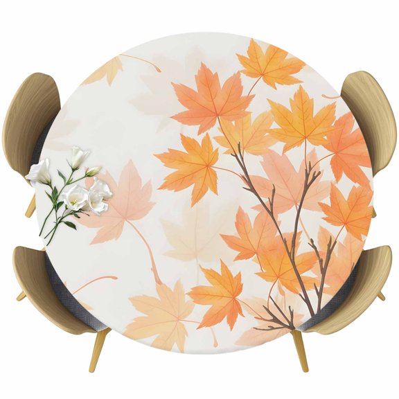Orange Maple Leaves Round Tablecloth 36-44 Inch Round Fitted Table Cloth with Elastic Edge, Fall Watercolor Plants Branches Waterproof Table Cover Protector for Outdoor Picnic Party Dining