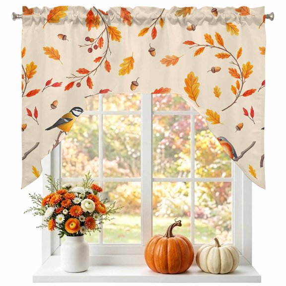 Orange Maple Leaves Swag Valances for Windows 56 x 36 Inch, Autumn Branch Sparrow Nuts Rod Pocket Light Filtering Window Topper for Kitchen Bathroom Bedroom Living Room