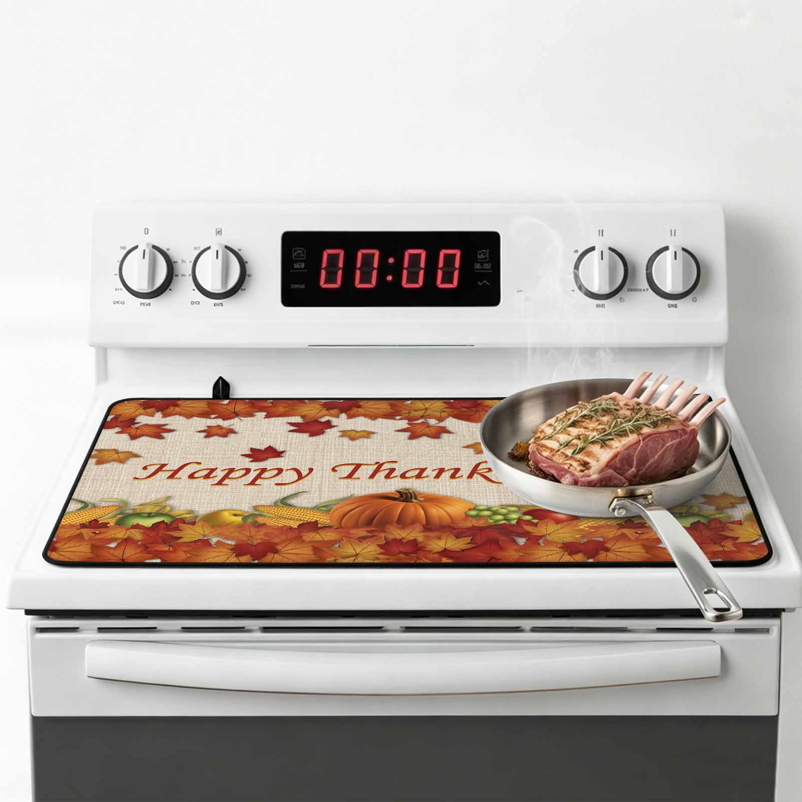 Orange Maple Stove Top Cover for Electric Stove, Heat-proof & Non Slip Glass Top Stove Cover Protector, Thanksgiving Pumpkin Autumn Fruit Vintage Kitchen Flat Cooktop Rubber Mat 24x21 Inches