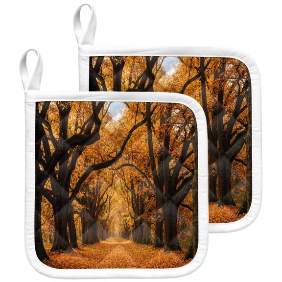 Orange Maple Trees Fall Pot Holders for Kitchen Heatproof Potholder, 2 Pack Romantic Forest Path Hot Pads Multipurpose Oven Pads Terry Cloth Potholders Trivet for Cooking and Baking