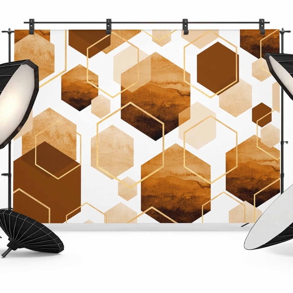 Orange Marble Backdrop for Photography,Fabric Photo Background Backdrop,Gold White Geometric Hexagon Modern Photo Booth Background for Portrait Photoshoot Video Wedding Studio Decoration Banner 7x5ft
