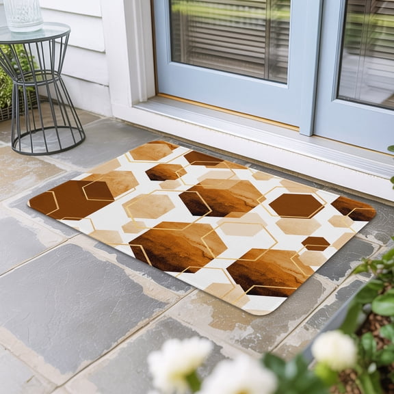 Orange Marble Door Mat Indoor Outdoor, Gold White Geometric Hexagon Modern Non Slip Welcome Mat with Rubber Backing, Absorbent Fabric Front Door Mats Entryway Rug for Home Patio Entrance 16"x24"