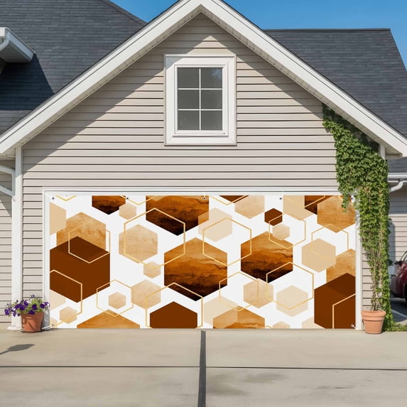 Orange Marble Garage Door Cover Banner 7 x 8 FT, Gold White Geometric Hexagon Modern Garage Door Curtains Backdrop with Grommets for Indoor Outdoor Wall Party Porch Yard Decorations Background