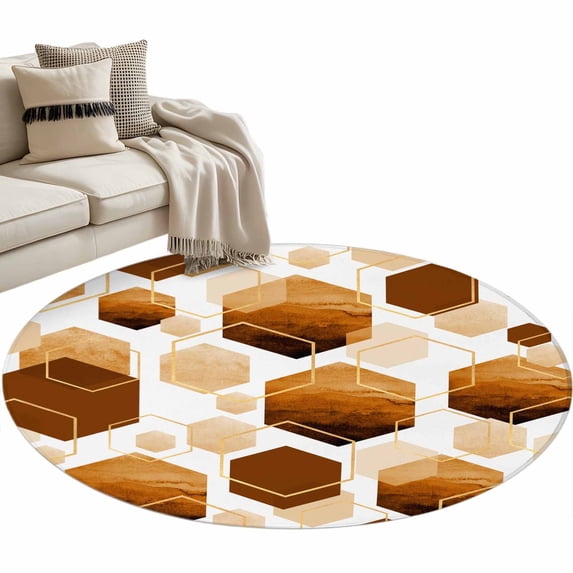 Orange Marble Large Area Rugs for Bedroom Living Room, Soft Non Slip Carpet Bedside Rug, Gold White Geometric Hexagon Modern Round Floor Cover Kitchen Accent Rug 3.3' for Dining Room/Office