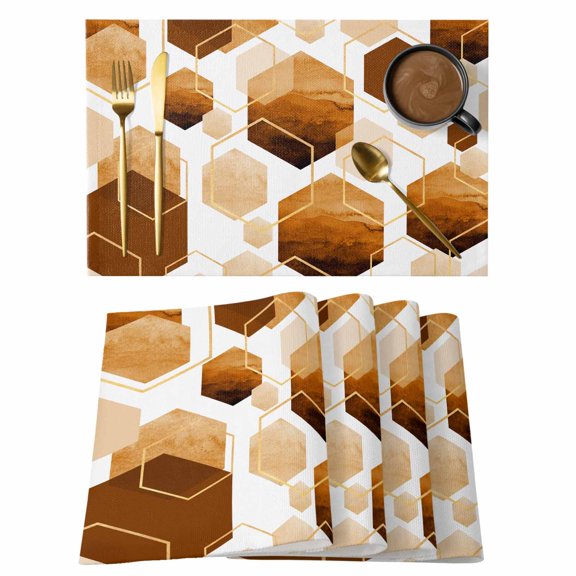 Orange Marble Placemats Set of 12 Gold White Geometric Hexagon Modern Place Mats Indoor Wipeable Table Mats Washable Cloth Dining Table Placemats for Kitchen Holiday Party Home Decor 13x19 Inch