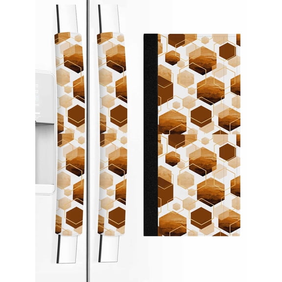Orange Marble Refrigerator Door Handle Covers Set of 2, Gold White Geometric Hexagon Modern Kitchen Fridge Microwave Oven Dishwasher Stove Cabinet Handle Protectors, Washable Appliance Decor
