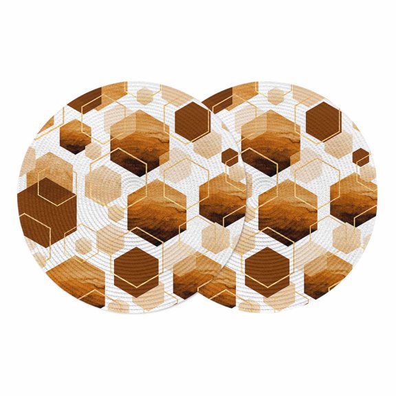 Orange Marble Round 13 Inch Placemats Set of 2, Gold White Geometric Hexagon Modern HeatResistant Non Slip Place Mats for Dining Table, Wipeable Braided Kitchen Table Mats for Housewarming