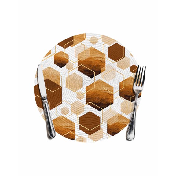 Orange Marble Round Placemats for Dinning Tables,Heat-proof Braided Table Mats 13 Inch,Gold White Geometric Hexagon Modern Washable Place Mat for Kitchen Restaurant Party Decor Supplies Table Setting