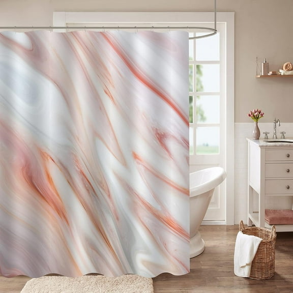 Orange Marble Shower Curtain Set, Peach Abstract Fabric Shower Curtain for Bathroom Decor, Modern Standard Shower Curtain for Bathtub, Luxury Washable Coral Shower Curtain, 72 x 72