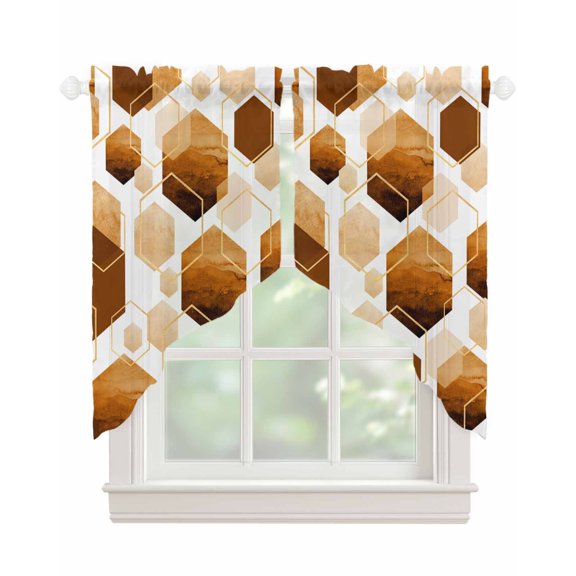 Orange Marble Swag Valances for Windows, Gold White Geometric Hexagon Modern Rod Pocket Sheer Valances for Small Windows, Swag Toppers Light Filtering for Kitchen Living Room 2 Panels 36''x36''