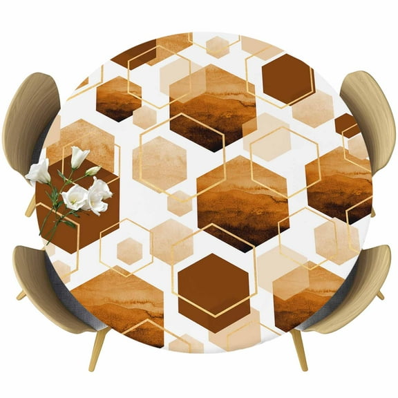 Orange Marble Table Cloth, Round Fitted Tablecloths with Elastic Edge, Gold White Geometric Hexagon Modern Wipeable Waterproof Table Cover for Kitchen Wedding 36-44 Inches