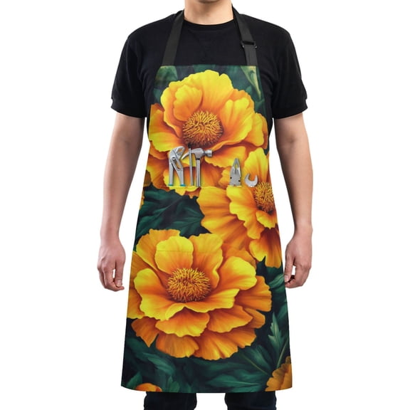 Orange Marigolds on Green Chef Kitchen Apron with Pockets for Women Waterproof Aprons for Cooking Baking