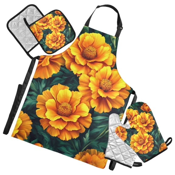 Orange Marigolds on Green Oven Mitts and Pot Holders with Chef Apron Set 5 Pcs Kitchen Cooking Set