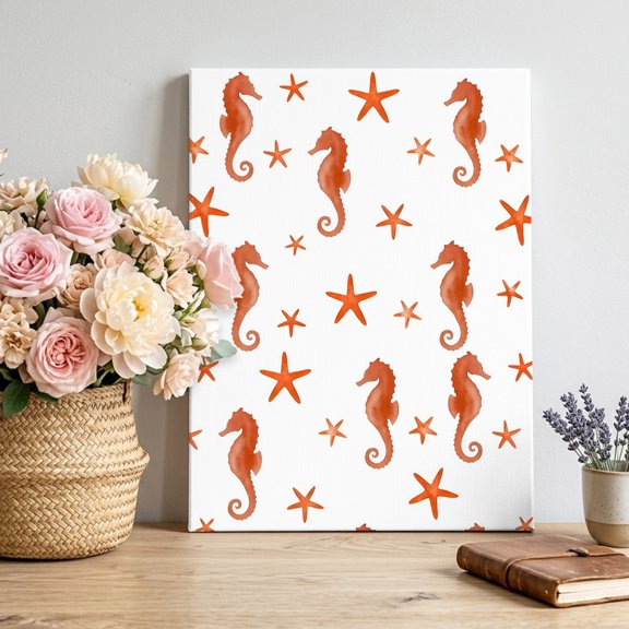 Orange Marine Life Canvas Wall Art for Living Room, Summer Seahorse and Starfish Ocean Theme Poster Print Painting for Bedroom Office Home Decoration Wall Pictures Prepare To Hang 8"x12"