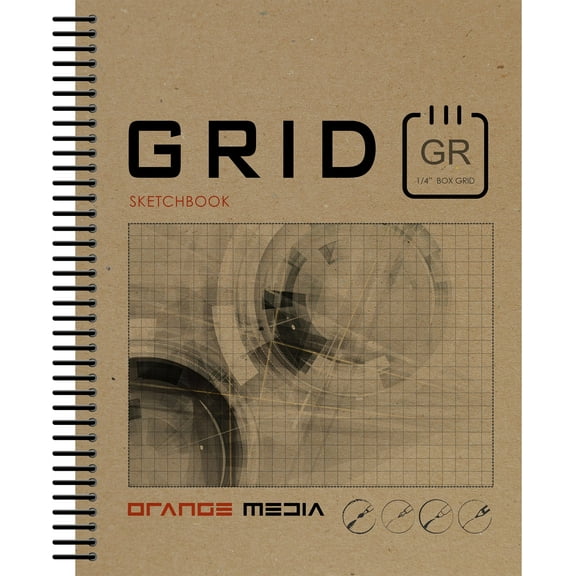 Orange Media Grid Sketchbook. Spiral Bound. Journal Style. Multi-Media. (8.5" x 11") 1/4" BOX. GREY.