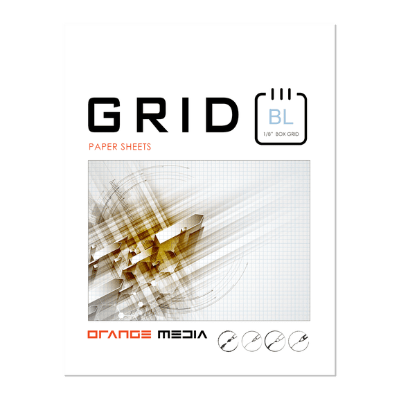 Orange Media brand GRID Paper. BLUE Grid. Premium Paper. Loose Sheet Pack. (8.5" x 11") 1/8" Box Grid. LP-OM-GRID-TS-BL