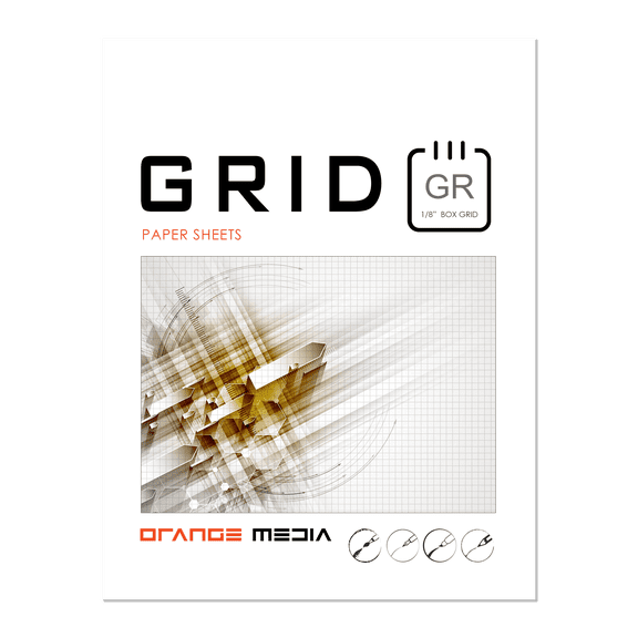 Orange Media brand GRID Paper. GREY Grid. Premium Paper. Loose Sheet Pack. (8.5" x 11") 1/8" Box Grid. LP-OM-GRID-NS-GR