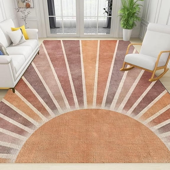 Orange Medieval Art Sun Rays Area Rug, Retro Geometric Bohemian Washable Carpet, with Non-Slip Rubber Backing Large Rugs for Room Sofa Living Room Bedroom Home Decor Floor Mats 5 x 6ft