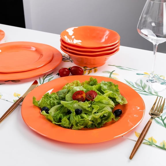 Orange Melamine Dinnerware Set, 12 Piece Kitchen Tableware Plates Bowls Dishes Set, Lightweight Dinnerware Set for 4, Dishwasher Safe and BPA free