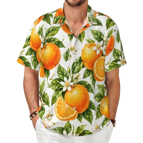 Orange Men's Shirts Short-Sleeved with All-Over Prints Button-Up Shirts