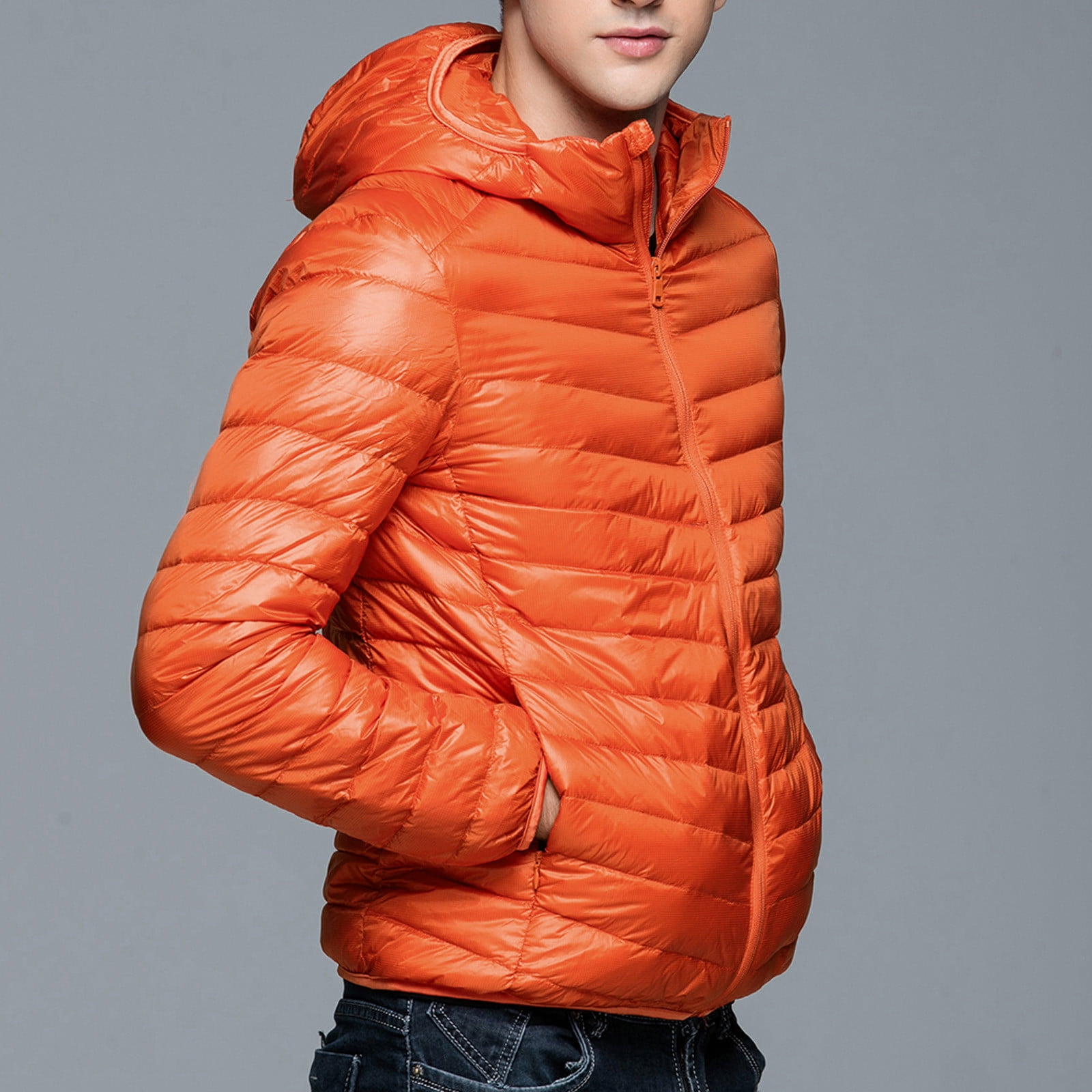 Orange Mens Autumn And Winter Fashion Casual Solid Color Zipper Pocket  Cotton Padded Jacket Coat