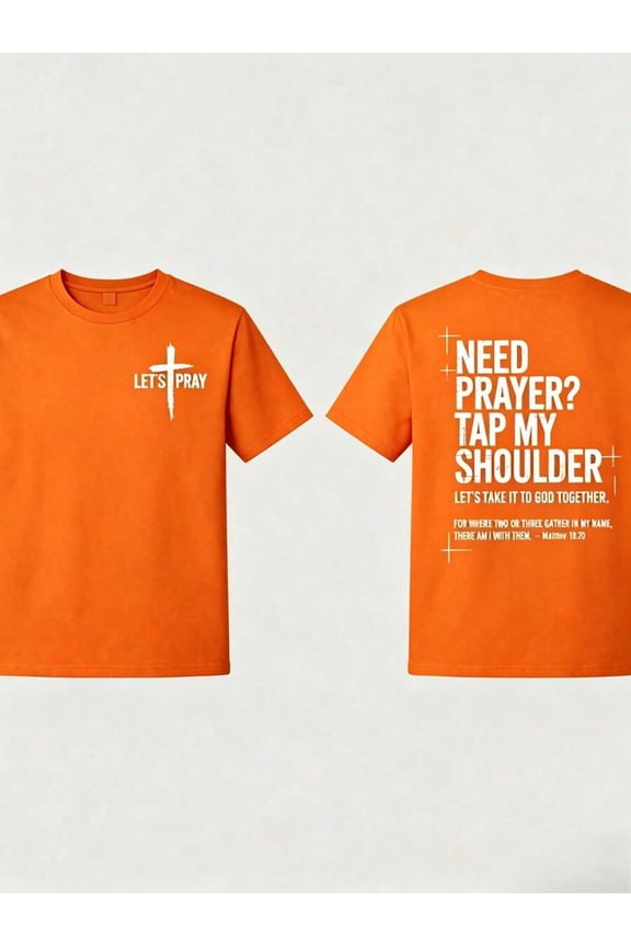 Orange Mens Prayer T-Shirt With Cross Graphic And Matthew 18:20 Bible Verse