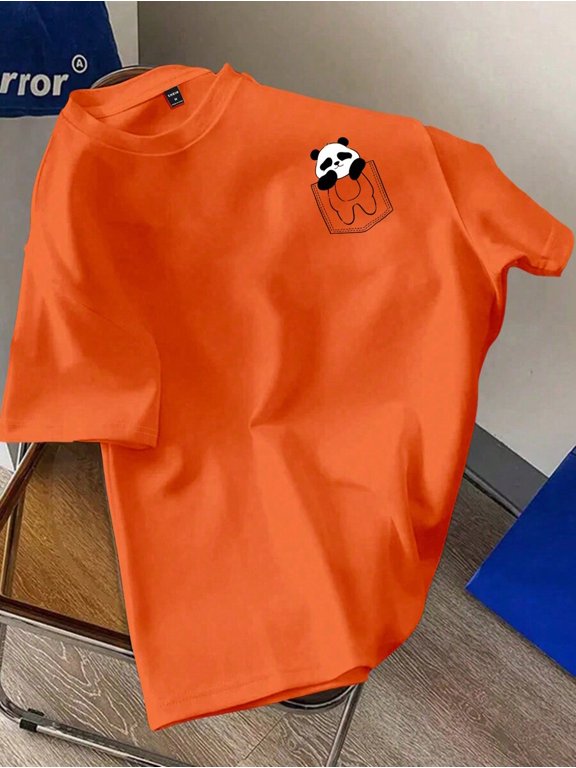 Orange Mens Regular Fit Panda Pocket Print Short Sleeve T-Shirt, Casual Streetwear Style