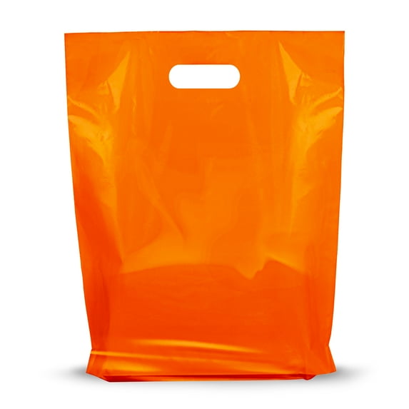 Orange Merchandise Plastic Glossy Retail Bags 100 Pack 12" x 15" with 1.25 mil Thick - Die Cut Handles - Perfect for Shopping, Party Favors, Birthdays, - Color Orange - 100% Recyclable