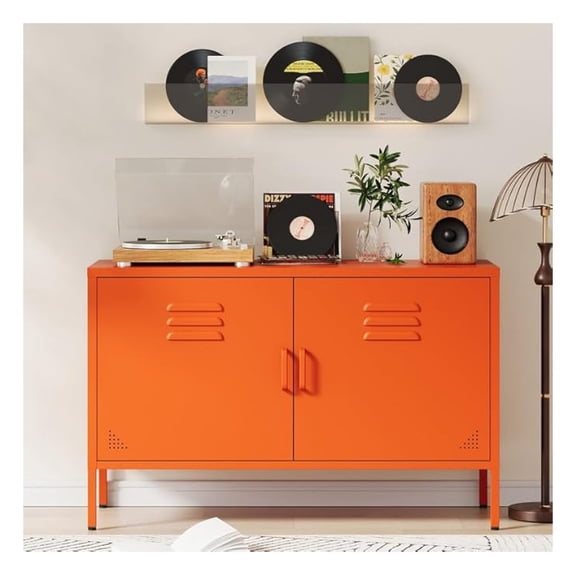 Orange Metal Storage Cabinet with 2 Doors and Adjustable Shelves, Multipurpose Metal Locker Accent Cabinet, 25''H TV Stand, Media Cabinet for Home, Office, Living Room, Kitchen, Music Studio