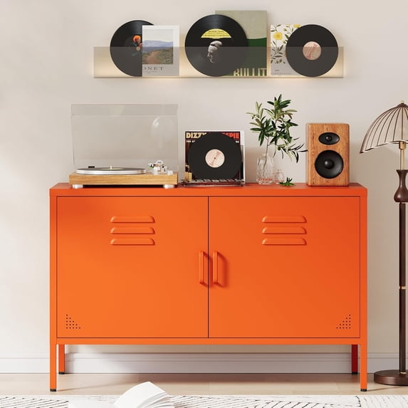 Orange Metal Storage Cabinet with 2 Doors and Adjustable Shelves, Multipurpose Metal Locker Accent Cabinet, 25" H TV Stand, Media Cabinet for , Office, Living Room,Kitchen, Studio