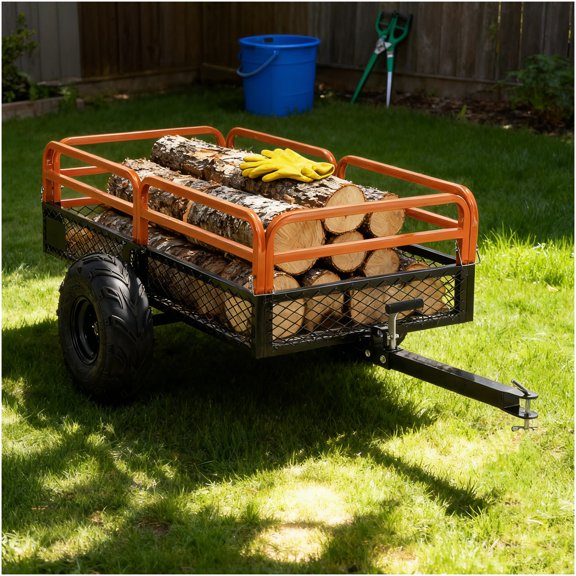 Orange Metal Tow Hauling Wagon 15 Cubic Feet 1500LBS Load Capacity with 17.7 Inch Rubber Tires for ATV UTV Lawn Tractor