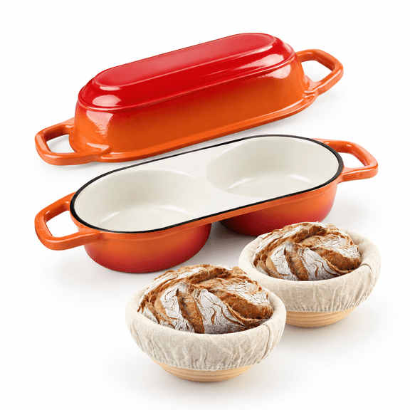 Orange Mini Double Dutch Oven With Lid And 2 Banneton Baskets For Sourdough Bread Baking