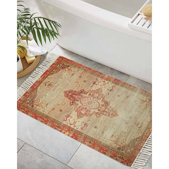 Orange Modern,Bath Rug 2x3ft Woven Bathroom Entryway Runner Rug,Abstract Bohemian Minimalist Paint Washable Living Room Hallway Bedroom Kitchen Carpet with Tassels,Indoor Outdoor Throw Doormat