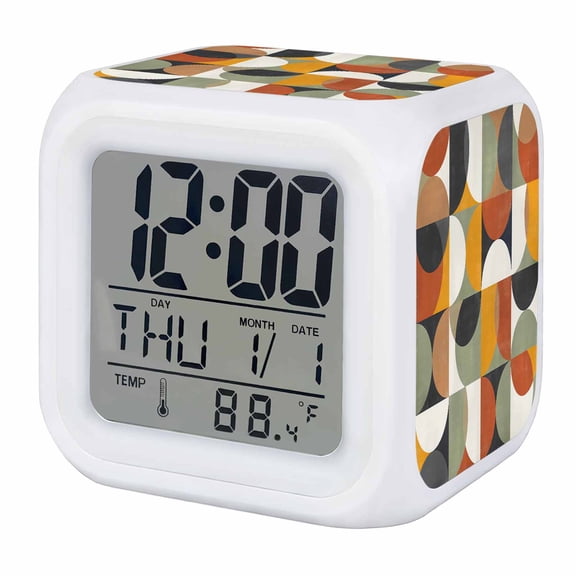 Orange Modern Geometric Digital Alarm Clock for Bedrooms,Smart LED Alarm Clock with 7 Color Changing Night Light,Abstract Watercolor Semicircle Silent Wake Up Clocks for Sleep Study Cooking 3.2"x3.2"