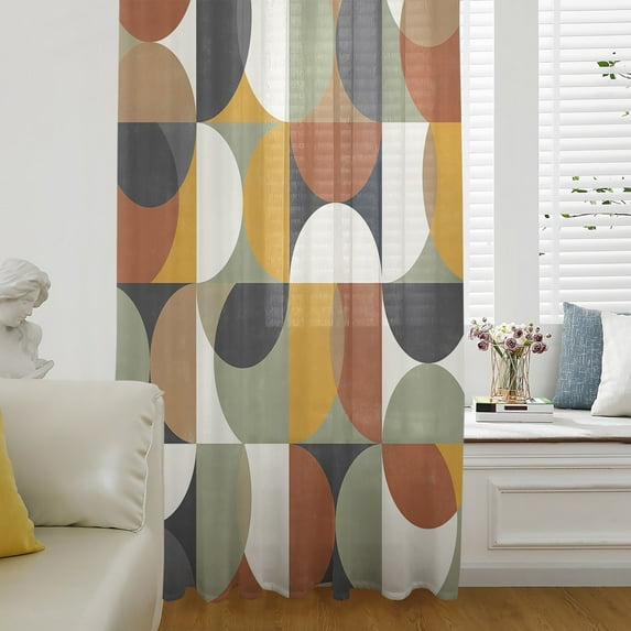 Orange Modern Geometric,Semi Sheer Curtains Drapes for Living Room,Bedroom,French Doors Window 72 Inches Long,Abstract Watercolor Semicircle Rod Pocket Chiffon Curtain Drapery Voile Draperies Panel