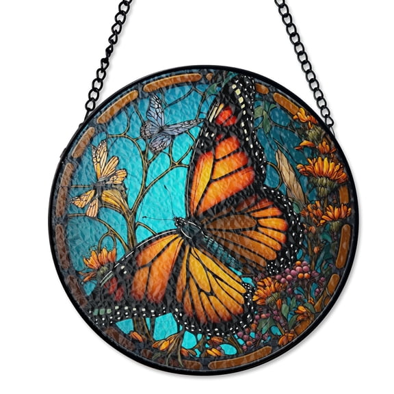 Orange Monarch Butterfly Suncatcher, Stained Glass Style UV Printed Glass, Spring Garden Insect Decor, Round