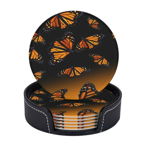 Orange Monarch Butterflys Coasters With Leather Holder Set Of 6 Round Coasters for Home and Kitchen Decor