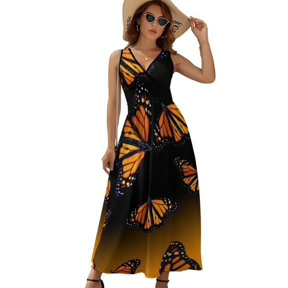 Orange Monarch Butterflys Dress Summer Street Style Bohemia Long Dresses Female Sleeveless Printed Maxi Dress