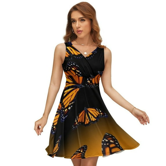 Orange Monarch Butterflys Sleeveless Dress Women Summer Evening Dresses Ladies Sundress